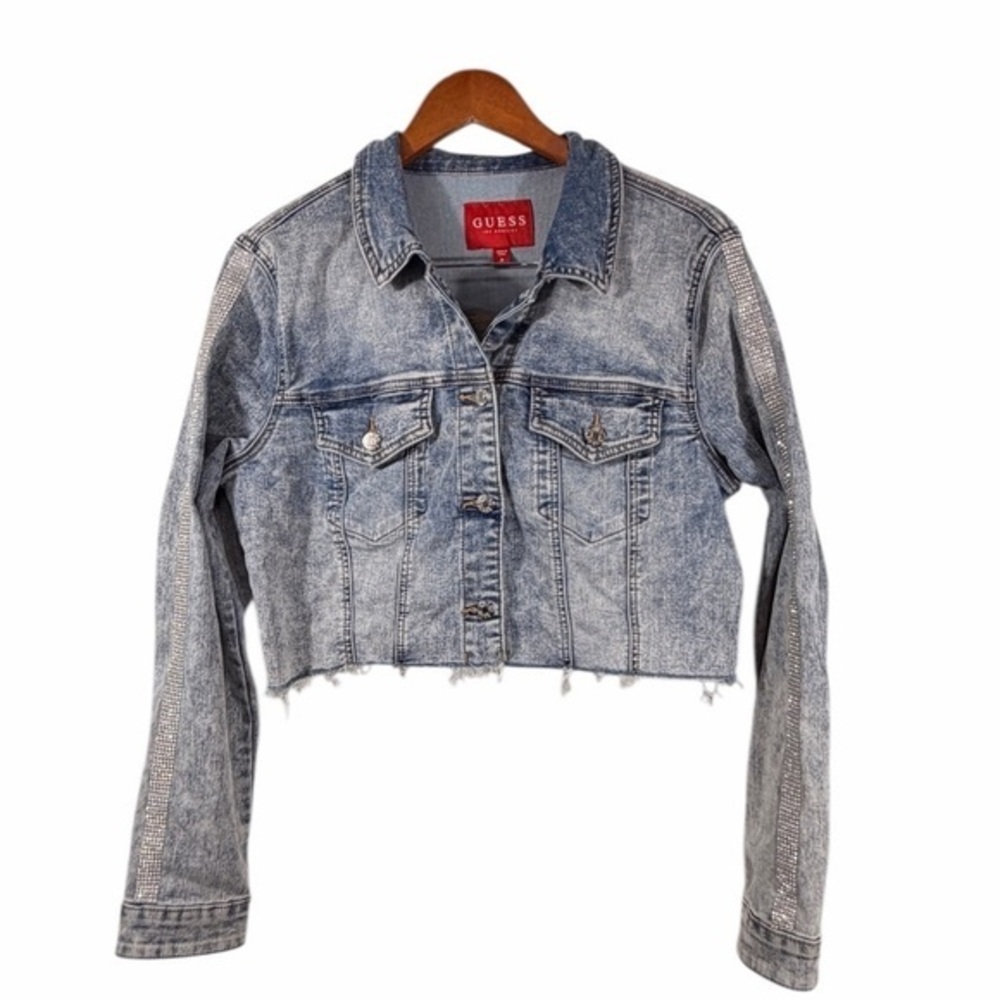 Guess cropped denim jacket medium acid wash rhinestone Sparkle coat jean jacket